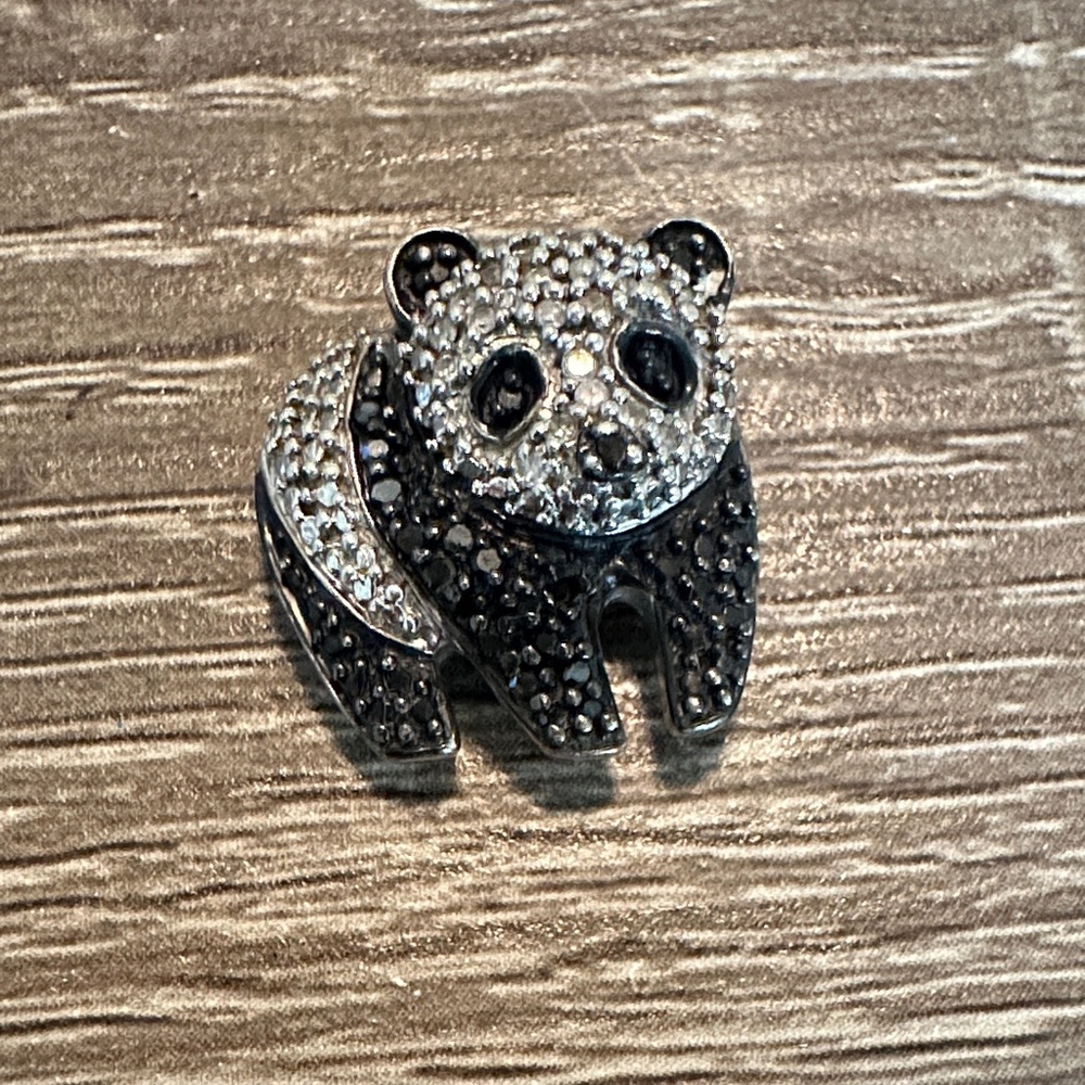 Black and White Diamond Panda Pendant .925 Sterling Silver. No Chain